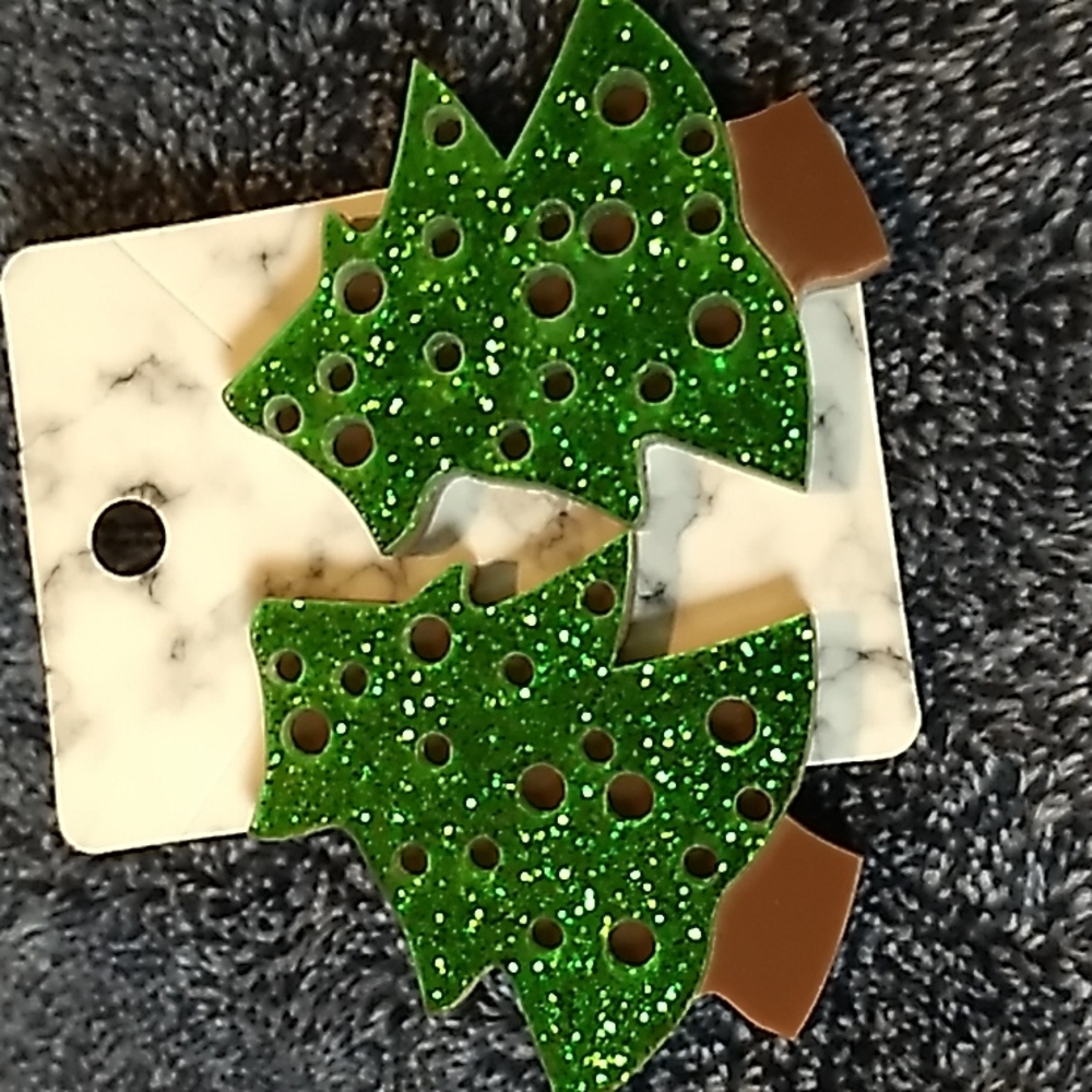 Acrylic Tree Christmas Earrings 1 3/4 x 2 inches Green Glitter & Brown